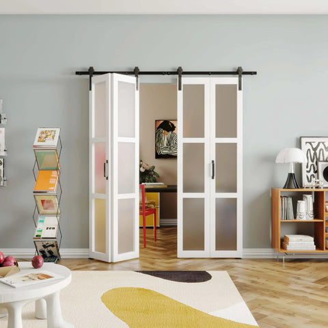 Bi-Fold Sliding Barn Door White MDF With Frosted Glass Panels, 30 Inch Wide, 84 Inch Tall, Two 15 Inch Panels, installed in a room.