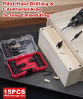 EZARC 15-piece countersink drill bit set with 1/4 in. hex shank and wood plug cutters in a red storage box (front view).