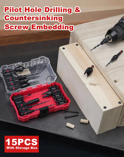 EZARC 15-piece countersink drill bit set with 1/4 in. hex shank and wood plug cutters in a red storage box (front view).
