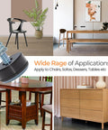 Collage showing 1/4-20 Leveling Feet with PTFE Bottom, 1 Inch Base under furniture like chairs, tables, and dressers.