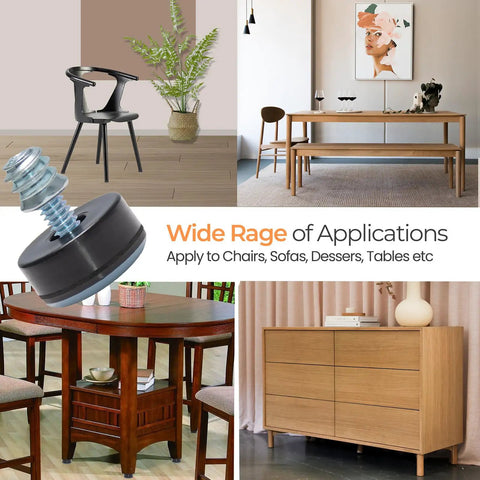 Collage showing 1/4-20 Leveling Feet with PTFE Bottom, 1 Inch Base under furniture like chairs, tables, and dressers.
