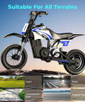K1 Kids Electric Dirt Bike 36V Motorcycle for Ages 3 to 10, 16 MPH Top Speed, 14 Mile Range, 700W Peak, 3 Speed Modes, UL 2272 Certified Safe Ride with Front Fork Suspension and Strong Brakes on rocky terrain