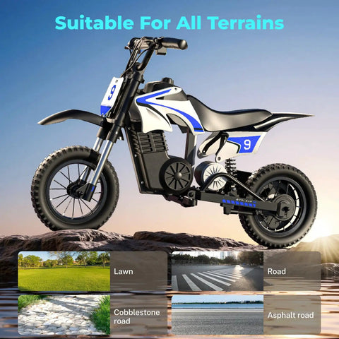 K1 Kids Electric Dirt Bike 36V Motorcycle for Ages 3 to 10, 16 MPH Top Speed, 14 Mile Range, 700W Peak, 3 Speed Modes, UL 2272 Certified Safe Ride with Front Fork Suspension and Strong Brakes on rocky terrain