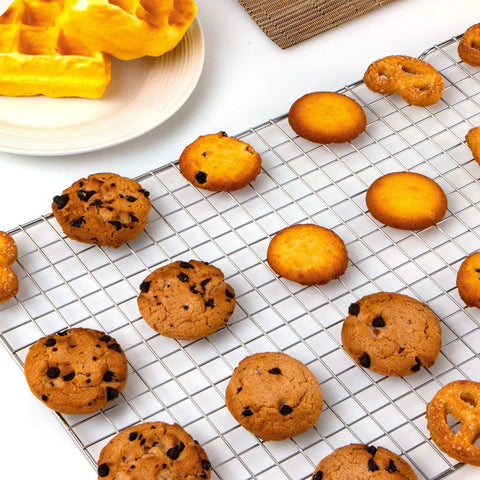 Two Pack Stainless Steel Cooling Rack For Baking 16x10 Inches with cookies and pastries, fits half sheet pan, healthier cooking, silver.