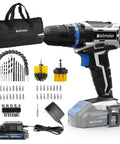 Beast Of A 20V Max Cordless Drill Set With Lithium Battery And Charger Three Eighth Inch Keyless Chuck LED Light shown with accessories