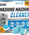Powerful Washing Machine Cleaner And Descaler Tablets 24 Pack in blue packaging with foaming tablets for HE and top load washers.