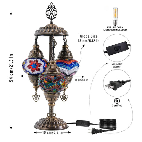 Boho Mosaic Glass Triple Globe Turkish Table Lamp With Handmade Moroccan Lampshade In Purple 21 Inch Tall US Plug And E12 Socket