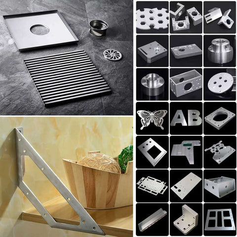 Collage of metal uses featuring 4 Pack 6061 Aluminum Sheet Metal 3x12x1/8 Inch with Protective Film for crafting and DIY projects.