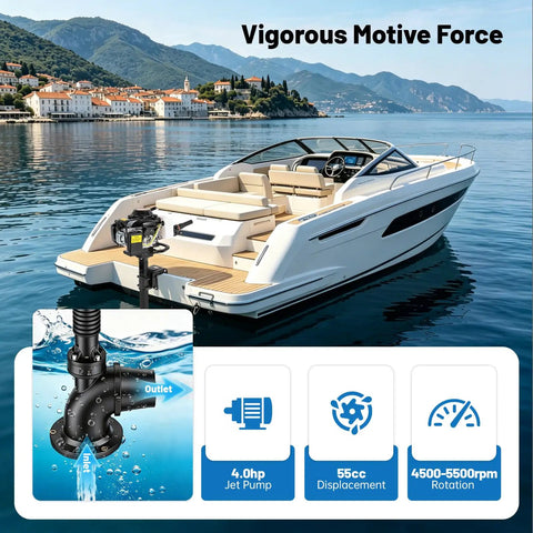 Powerful 4 Stroke 4HP Outboard Motor Short Shaft With CDI Ignition on yacht docked by scenic shoreline, 55CC engine highlighted