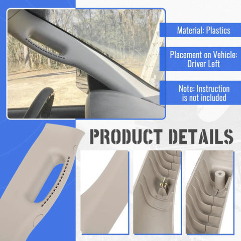 Product details of front left A pillar grab handle molding trim for Dodge Ram 1500 2500 3500 2002 to 2010 interior driver side.