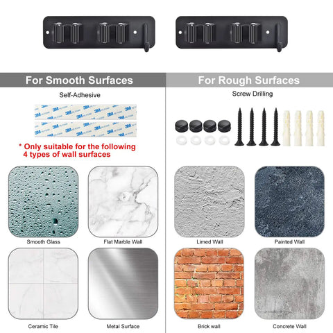 Installation options for 2 Pack Broom Holder Wall Mount With Anti Slip Mop Holder And Self Adhesive Stainless Steel Tool Storage Rack.