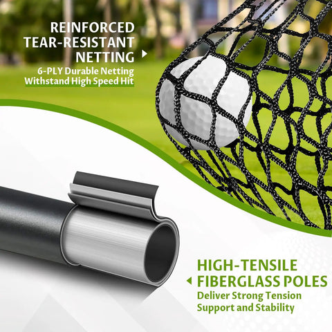 Close-up of reinforced netting and fiberglass poles of Spacious 11x8ft Golf Simulator Hitting Net With Dual Layer HD Impact Screen.