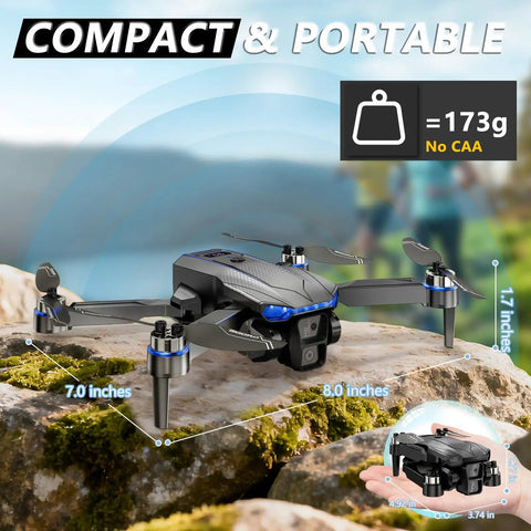 Foldable FPV Drone For Kids And Adults With 1080P HD Camera on a rock, showcasing compact size and portability, hand shown for scale.