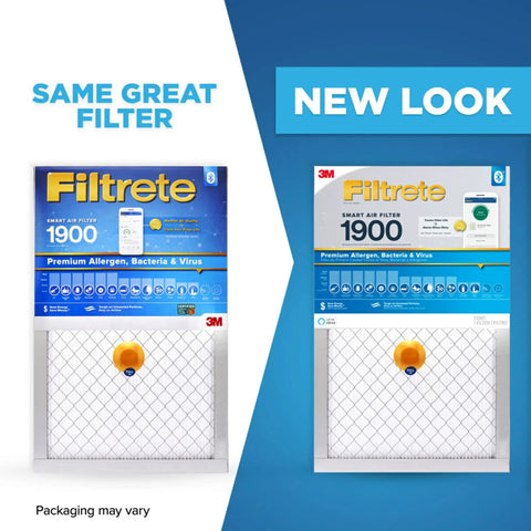 Comparison of old and new packaging for Smart Air Filter 16x25x1 With Bluetooth Sensor For Real Time Filter Life And Performance Tracking MPR 1900 MERV 13 High Efficiency Top Notch 1 Inch Premium Allergen Bacteria And Virus Filter For ACs And Furnaces 2 Pack