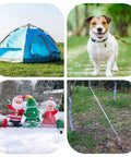 Collage featuring blue tent, a dog on grass, Christmas inflatables in snow, and a garden stake securing tree with 30 Pack 10 Inch Garden Landscape Stakes For Lawn Edging Terrace Board Edging Coil Grass Barrier And Bender Board Heavy Duty Plastic Anchors For Quick Install Durable Garden Liner Support.