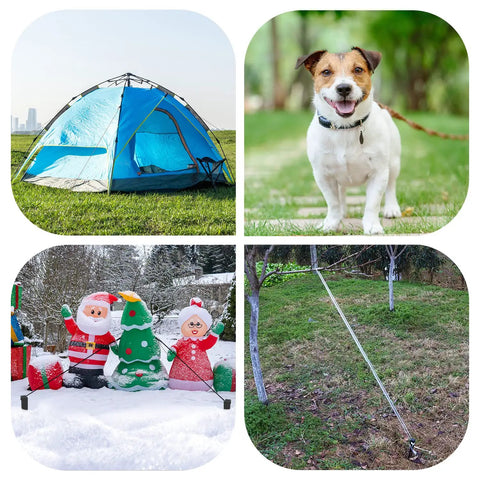 Collage featuring blue tent, a dog on grass, Christmas inflatables in snow, and a garden stake securing tree with 30 Pack 10 Inch Garden Landscape Stakes For Lawn Edging Terrace Board Edging Coil Grass Barrier And Bender Board Heavy Duty Plastic Anchors For Quick Install Durable Garden Liner Support.