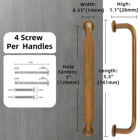 Antique Brass Cabinet Pulls 5 Inch 128mm Hole Centers Zinc Alloy Vintage Drawer Handles with measurements shown