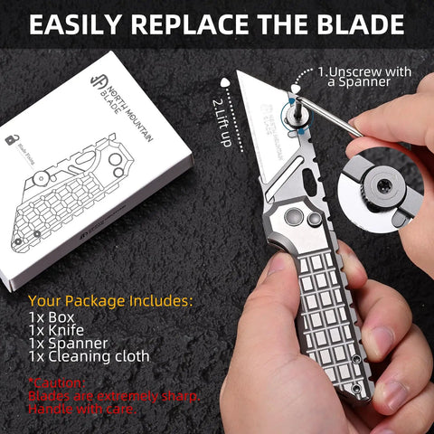 Built Different Cnc Titanium Folding Utility Knife With Secure Button Lock Quick Swap Razor Blades Heavy Duty Steel Core And Rugged Pocket Clip For Daily Work showing blade replacement steps.