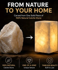 Natural Calcite Stone Table Lamp Handcrafted Solid Stone With Unique Crystal Texture Dimmable Led With Three Color Modes Modern Decorative Lamp For Bedroom And Living Room White Cuboid next to raw stone