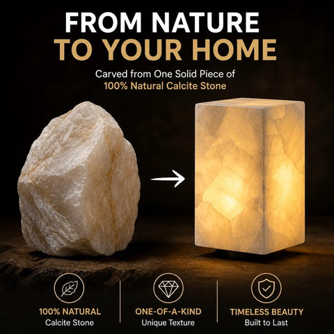 Natural Calcite Stone Table Lamp Handcrafted Solid Stone With Unique Crystal Texture Dimmable Led With Three Color Modes Modern Decorative Lamp For Bedroom And Living Room White Cuboid next to raw stone