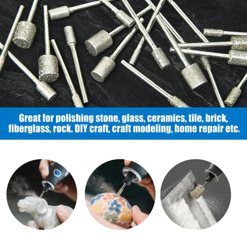 Assorted 24-Piece Diamond Grinding Bit Set For Rotary Tools With One Eighth Inch Shank, used for polishing wood and ceramic.