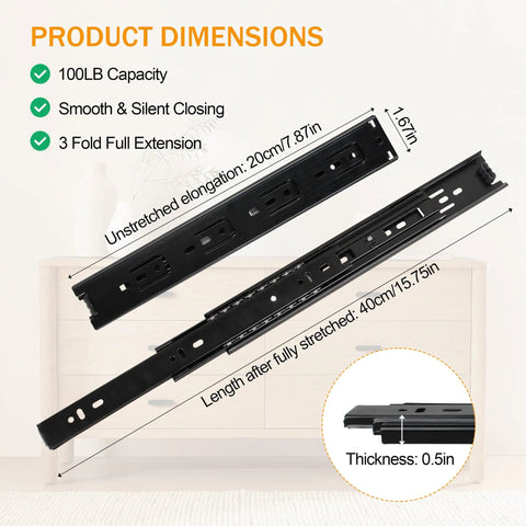 Slick Smooth Ball Bearing Slides 2 Pairs 8 Inch Heavy Duty Full Extension Cabinet Runners 100LB capacity for easy glide tracks.