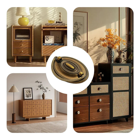 4 Pack Antique Brass Ring Pulls For Cabinets And Furniture in stylish home settings, showcasing vintage drawer handles on wood cabinets.