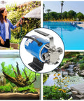 115V 1/10 HP Powerful Water Transfer Pump With Hose Kit showing uses in gardens, pools, aquariums, and ponds.