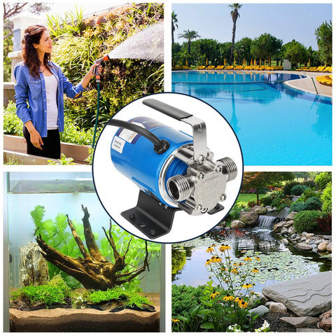 115V 1/10 HP Powerful Water Transfer Pump With Hose Kit showing uses in gardens, pools, aquariums, and ponds.