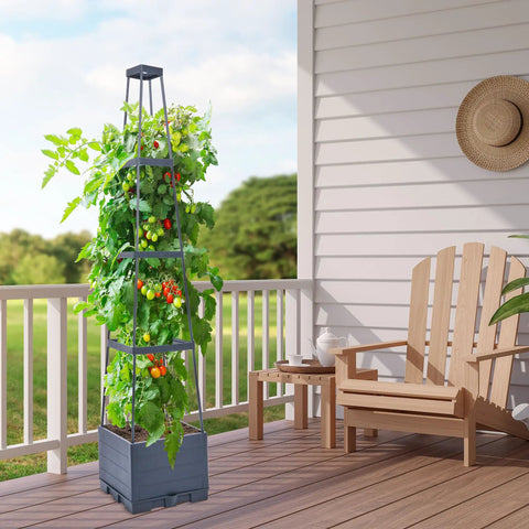 4 Tier Tomato Planter With Box Trellis, 56 Inch Raised Garden Bed Boxes on patio, supporting tomatoes and vines
