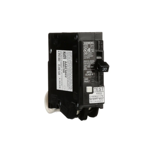 Top Shelf 20 Amp GFCI Circuit Breaker With Built In Self Test And Quick Plug In Mount For Home Projects Pools And Showers, black housing.