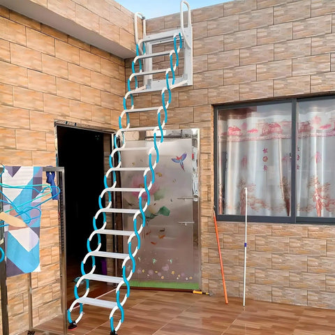Heavy Duty Electric Telescoping Ladder With Retractable Folding Attic Stairs Featuring A Solid Reinforced Frame And Grippy Wide Treads Built Like A Tank For Tight Lofts against a wall.