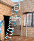 Smooth Ride Electric Telescopic Attic Ladder Forged Aluminum Alloy Wall Mounted Folding Stairs Space Saving Game Changer For Tight Spaces Blue 3 To 3.5 Meter Span extending from ceiling to floor.