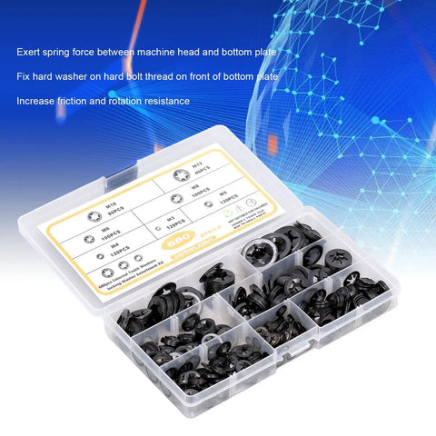680 Piece Carbon Steel Locking Washers Assortment Kit with internal tooth design in clear storage box, featuring multiple metric sizes.