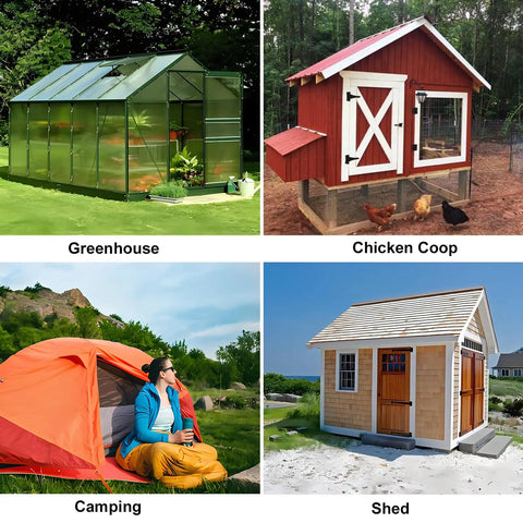 Greenhouse, chicken coop, camping tent, and shed in outdoor settings for 8 Inch Solar Powered Fan With 18W Panel For Air Circulation And Cooling In Greenhouse Poultry Coop Attic And Pet House Install Free Setup Cloudy Day Ready IP65 Panel 14ft Cable Keeps Animals Comfortable