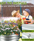Mother and child watering flowers in a galvanized steel garden bed with focus on easy installation and safety features.