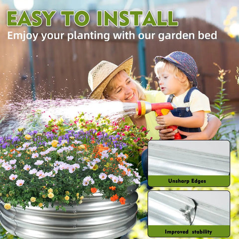 Mother and child watering flowers in a galvanized steel garden bed with focus on easy installation and safety features.