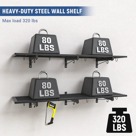2 Pack Heavy Duty Garage Wall Shelves With 46 By Twelve Point Five Inch Floating Metal Shelves And Eight Hooks Wall Mounted Storage Rack Industrial Utility Organizer For Workshop Laundry Room Basement showing weight capacity test with 320 lbs load.