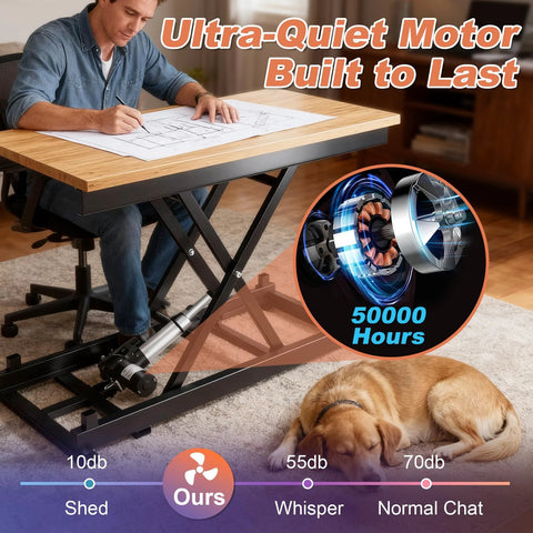 Electric Scissor Lift Table 280 Lbs Capacity Adjustable Height 7.1 To 26.4 In used as a desk with quiet motor feature