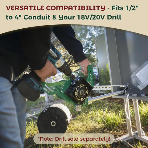 Compact Electric Cable Puller With 1000Lb Force Powers Wire Tugging For #14–1/0 Guage Cables In 1/2–4 Inch Conduit Using Any 18v Or 20v Drill as a versatile tool in action.