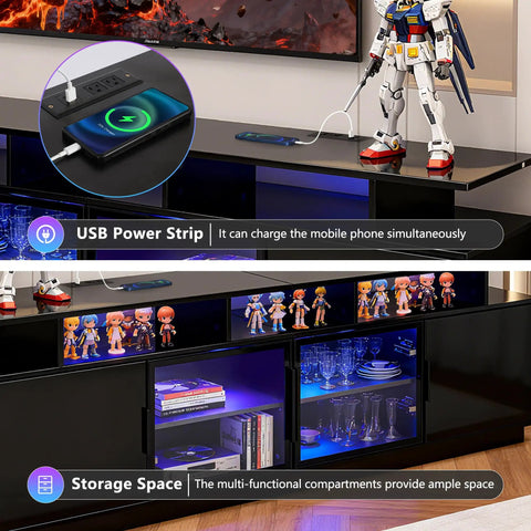 70 Inch Black TV Stand With Ambient LED Lights For Living Room showcasing USB power strip and glass door storage