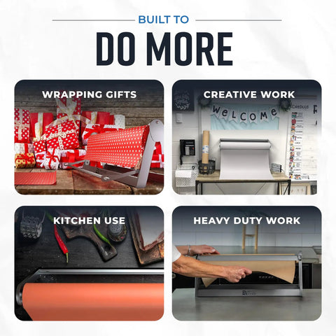 Heavy Duty Steel Butcher And Kraft Paper Roll Dispenser With Razor Sharp Cutter Blade built for kitchen wrapping and craft room jobs.