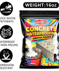 Rock Solid Waterproofing Powder For Concrete And Mortar Sealer That Slams The Door On Water Infiltration Across Roofs And Basements Featuring Anti Crack Protection And Pro Grade No Sweat Application At 16 Oz Bag in a colorful packaging with visuals showing waterproofing properties.