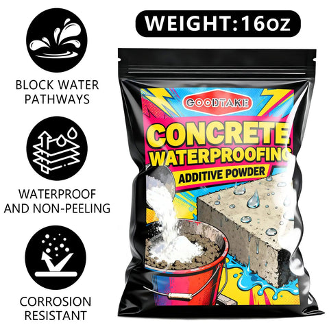 Rock Solid Waterproofing Powder For Concrete And Mortar Sealer That Slams The Door On Water Infiltration Across Roofs And Basements Featuring Anti Crack Protection And Pro Grade No Sweat Application At 16 Oz Bag in a colorful packaging with visuals showing waterproofing properties.