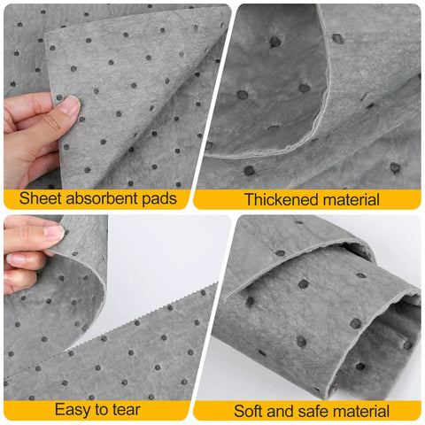 Heavy Duty Oil Absorbent Pads 100 Pack 13 X 10 Inch Meltblown Polypropylene close-up showing thickness and texture of pads.