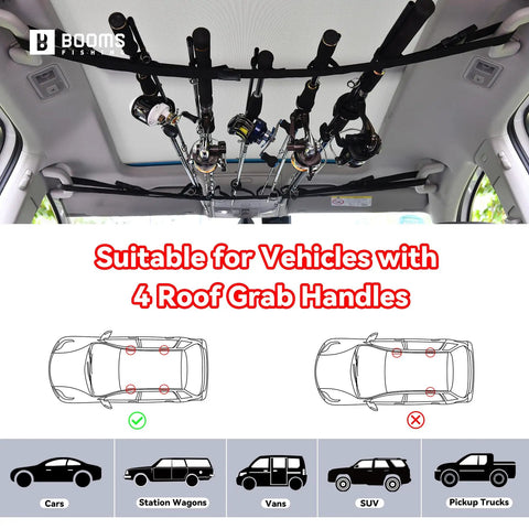 Car Roof Fishing Rod Carrier Rack Holds Up To Five Poles, Adjustable 31.5 To 59 Inches, No Drill Mount On Four Grab Handles, Easy Install display