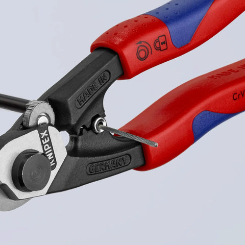 Heavy Duty Wire Rope Cutter And Crimping Tool With Comfort Grip Pro Grade For Double Function Clean Cutting And Precise Crimping Up To 13/64 Inch Includes Two Dies For End Caps And Ferrules On Bowden Cables 7 1/4 Inch Slim Design showing close-up of cutter with wire