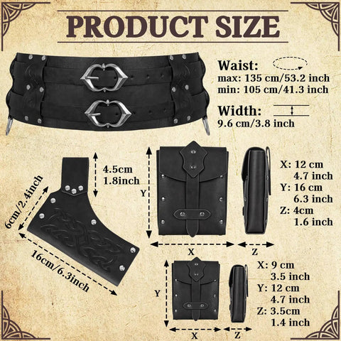 Product size details for Medieval Wide Belt Set With Leather Belt Large And Small Waist Pouches And Leather Sword Frog For LARP And Halloween Costumes Totally Ready Viking Or Knight All In One Accessory Kit Black Edition.