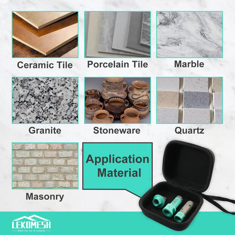 Application materials image showing ceramic, porcelain, marble, granite, stoneware, quartz, masonry with drill set case