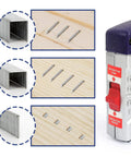 Heavy Duty Galvanized T50 Staples And 18 Gauge Brad Nails 7500 Count Bulk Packs showcased with a pneumatic tool and wood.